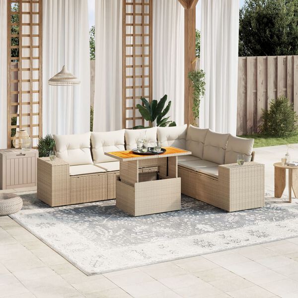 vidaXL Set sof&aacute;s de jard&iacute;n 7 piezas y cojines rat&aacute;n sint&eacute;tico beige