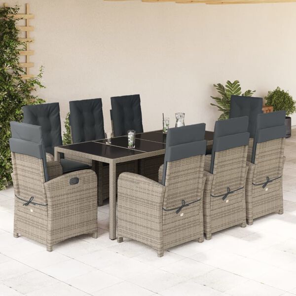 vidaXL Set comedor jard&iacute;n 9 pzas y cojines rat&aacute;n sint&eacute;tico gris