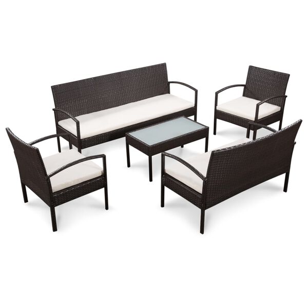 vidaXL Set muebles de jard&iacute;n 5 piezas y cojines rat&aacute;n sint&eacute;tico marr&oacute;n