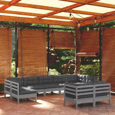 vidaXL Muebles de jardín 9 pzas y cojines gris madera maciza de pino