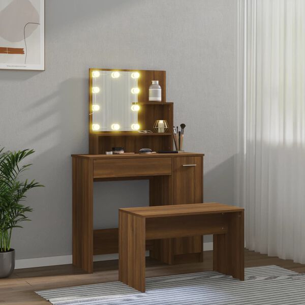 vidaXL Juego de tocador con LED madera contrachapada roble marr&oacute;n