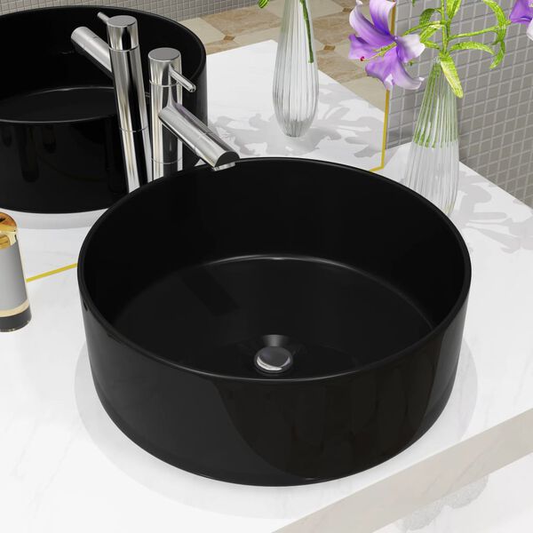 vidaXL Lavabo redondo de cerámica negro 40x15 cm