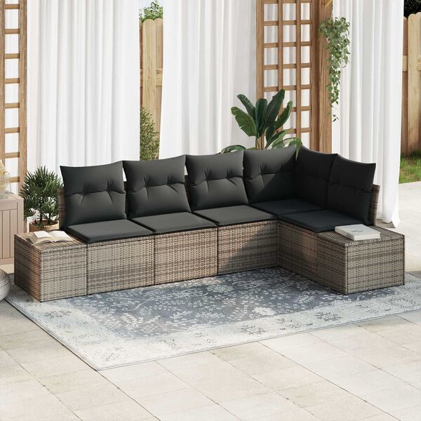 vidaXL Conjunto de sof&aacute; de jard&iacute;n 5 pcs Gris rat&aacute;n sint&eacute;tico