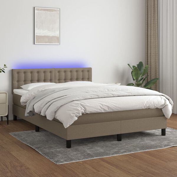 vidaXL Cama box spring colch&oacute;n y luces LED tela gris taupe 140x200 cm