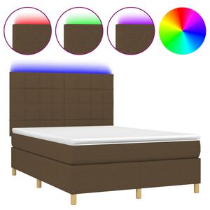 vidaXL Cama box spring colch&oacute;n luces LED tela marr&oacute;n oscuro 140x190 cm