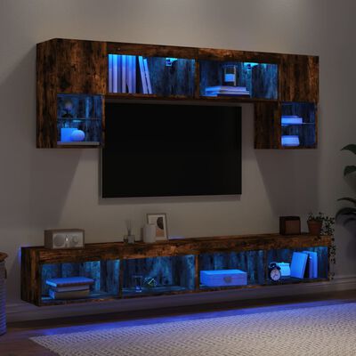 vidaXL Muebles TV pared con LED 6 pzas madera ingeniería roble ahumado
