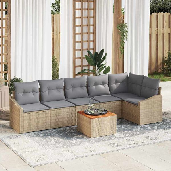 vidaXL Conjunto de sof&aacute;s de jard&iacute;n 7 pcs Beige rat&aacute;n sint&eacute;tico