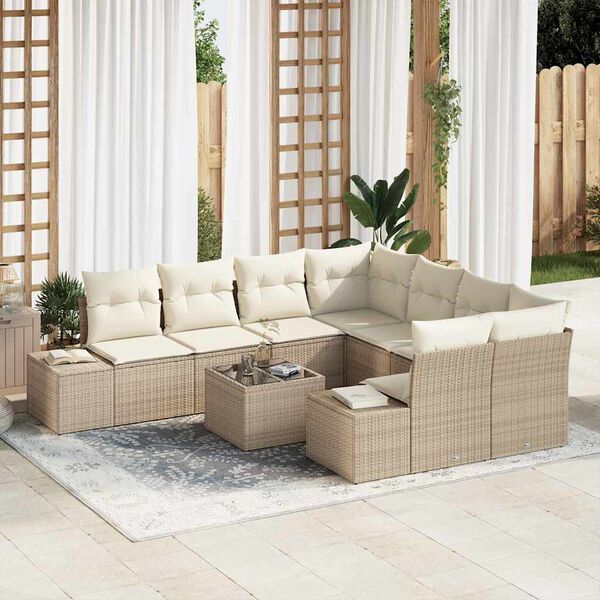 vidaXL Conjunto de sof&aacute; de jard&iacute;n 9 pcs Beige rat&aacute;n sint&eacute;tico
