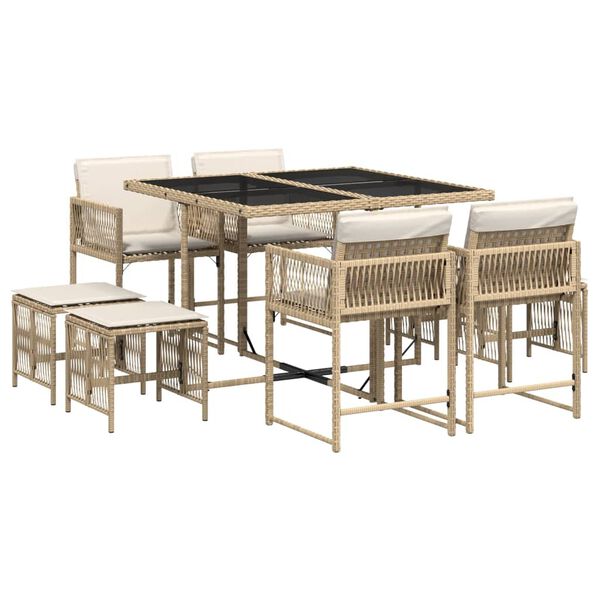vidaXL Set comedor de jard&iacute;n 9 pzas con cojines rat&aacute;n sint&eacute;tico beige