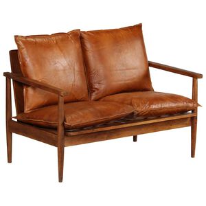 vidaXL Sof&aacute; de 2 plazas cuero aut&eacute;ntico con madera de acacia marr&oacute;n