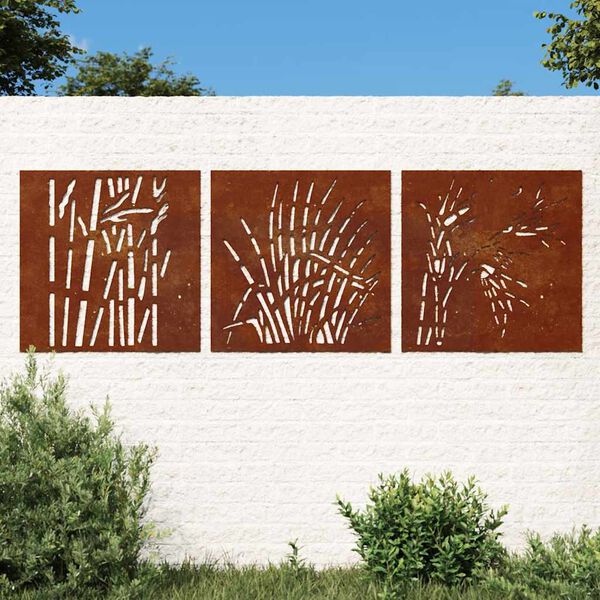 vidaXL Adorno pared jard&iacute;n 3 uds acero corten dise&ntilde;o hierba 55x55 cm
