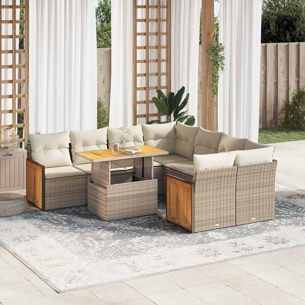 vidaXL Set sof&aacute;s jard&iacute;n y cojines 9 pzas rat&aacute;n sint&eacute;tico acacia beige