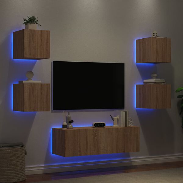 vidaXL Muebles de TV de pared con luces LED 5 piezas roble Sonoma