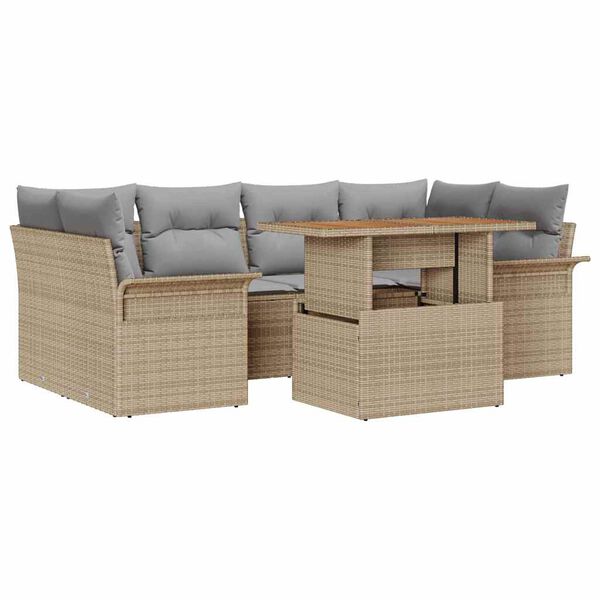 vidaXL Conjunto de sof&aacute; de jard&iacute;n 7 pcs Beige Polirat&aacute;n