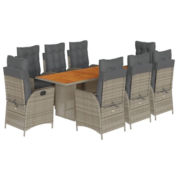 vidaXL Set comedor jard&iacute;n 9 pzas y cojines rat&aacute;n sint&eacute;tico gris