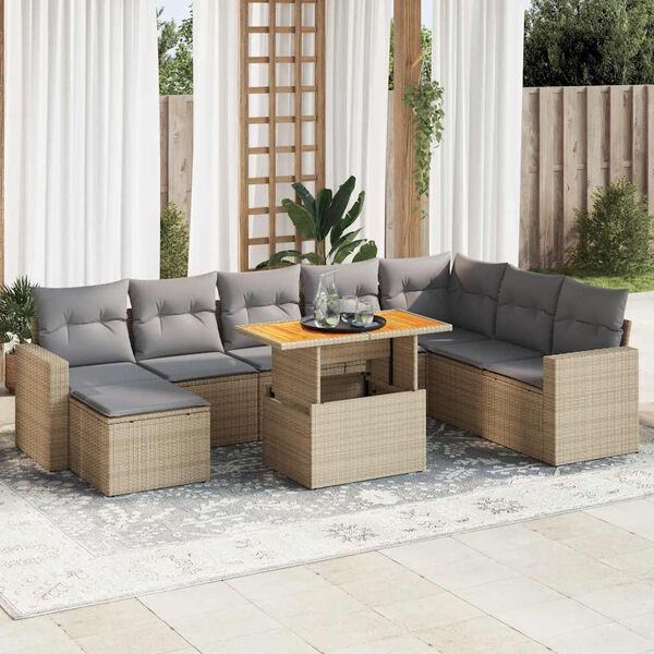 vidaXL Set de sof&aacute;s de jard&iacute;n con cojines 9 pzas rat&aacute;n sint&eacute;tico beige