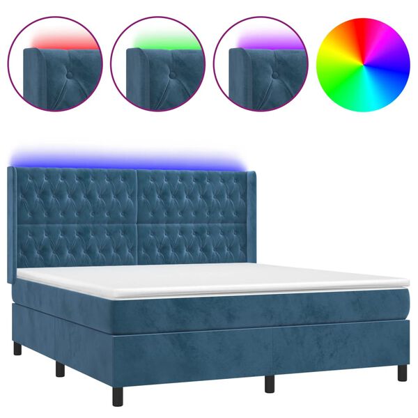vidaXL Cama box spring colch&oacute;n y LED terciopelo azul oscuro 160x200 cm