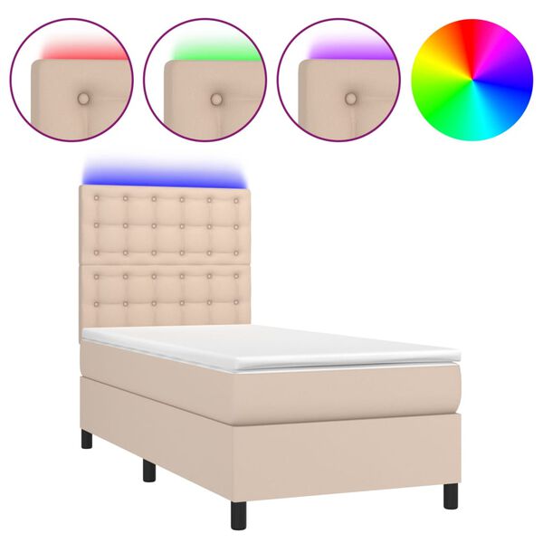 vidaXL Cama box spring colch&oacute;n LED cuero sint&eacute;tico capuchino 100x200cm