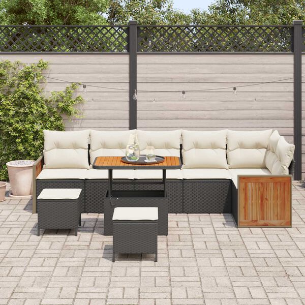 vidaXL Conjunto de sof&aacute; de jard&iacute;n 9 pcs Negro y crema rat&aacute;n sint&eacute;tico