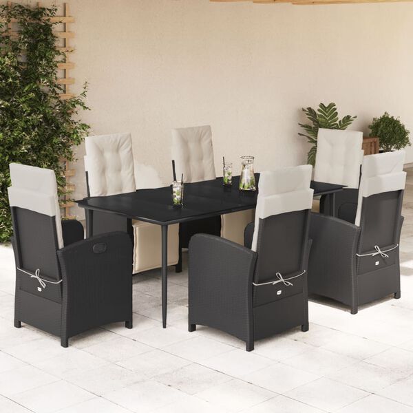 vidaXL Set de comedor de jard&iacute;n 7 pzas y cojines rat&aacute;n sint&eacute;tico negro