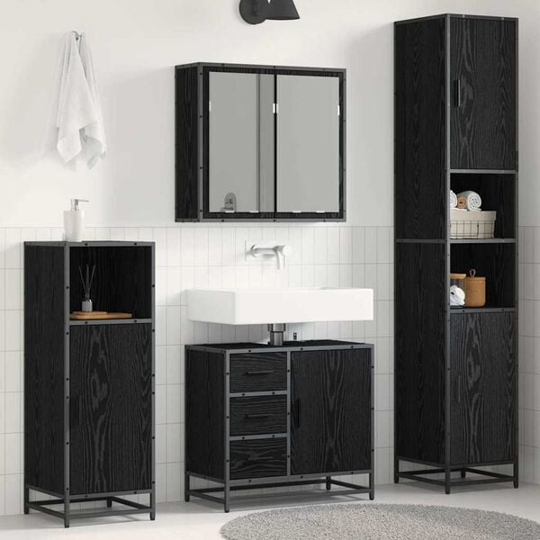 vidaXL Juego de muebles de ba&ntilde;o 4 pcs Roble Negro Madera de ingenier&iacute;a