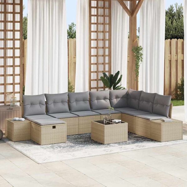vidaXL Conjunto de sof&aacute; de jard&iacute;n con almohada 9 pcs Beige Polirat&aacute;n