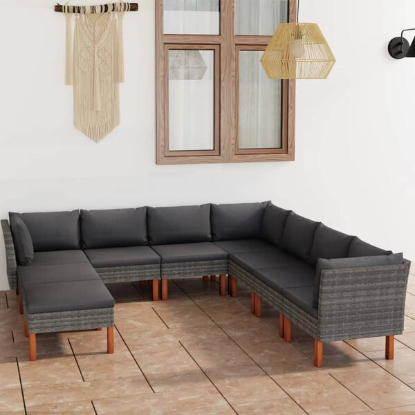 vidaXL Set de muebles de jard&iacute;n 9 pzas y cojines rat&aacute;n sint&eacute;tico gris