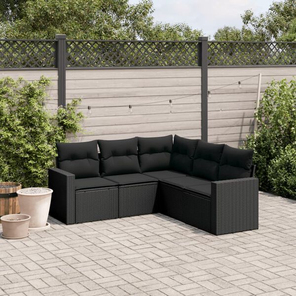 vidaXL Set de muebles de jard&iacute;n 5 pzas y cojines rat&aacute;n sint&eacute;tico negro