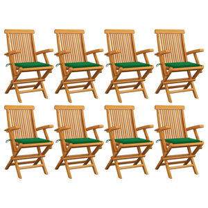 vidaXL Sillas plegables con cojines verdes, 8 unidades, madera maciza de teca.