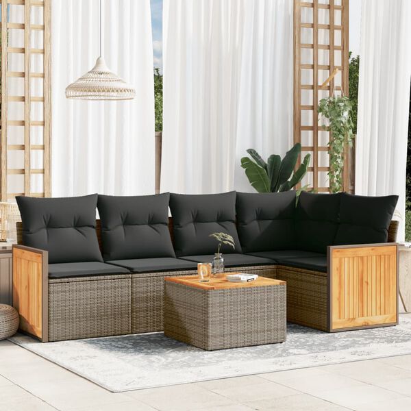 vidaXL Set de muebles de jard&iacute;n 6 pzas y cojines rat&aacute;n sint&eacute;tico gris
