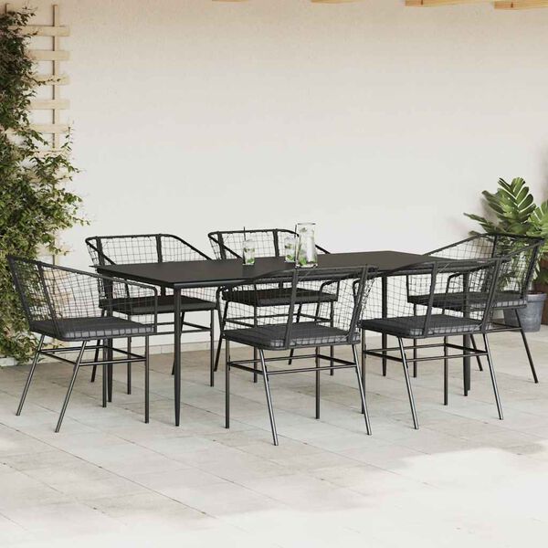 vidaXL Set de comedor de jard&iacute;n 7 piezas cojines rat&aacute;n sint&eacute;tico negro