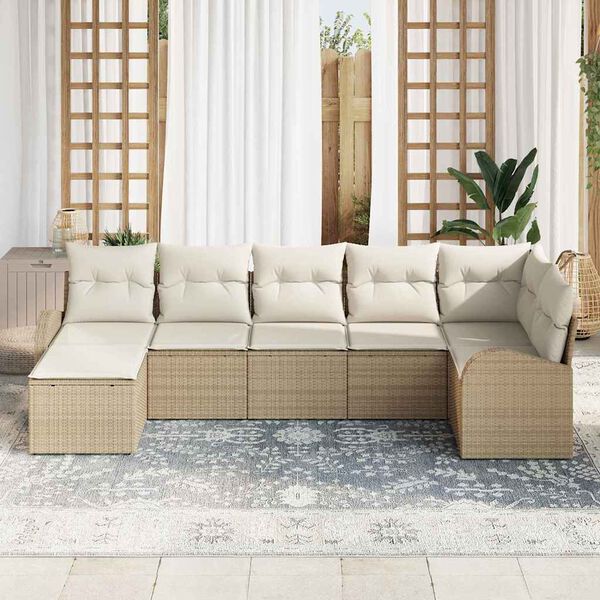 vidaXL Conjunto de sof&aacute; de jard&iacute;n 7 pcs Beige Polirat&aacute;n
