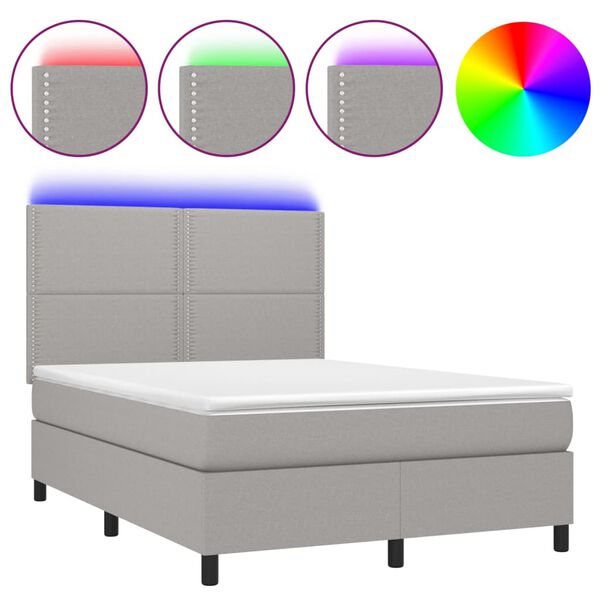 vidaXL Cama box spring colch&oacute;n y luces LED tela gris claro 140x200 cm