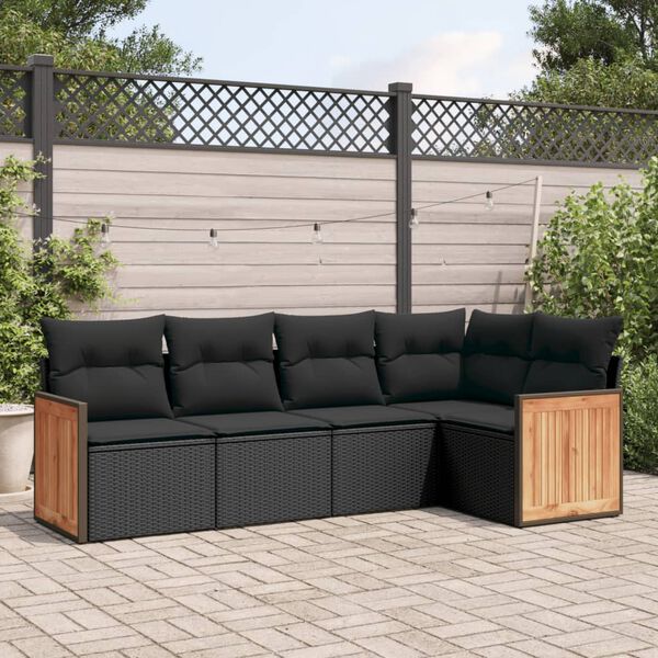 vidaXL Set de muebles de jard&iacute;n 5 pzas y cojines rat&aacute;n sint&eacute;tico negro