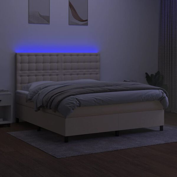 vidaXL Cama box spring colch&oacute;n y luces LED tela crema 180x200 cm