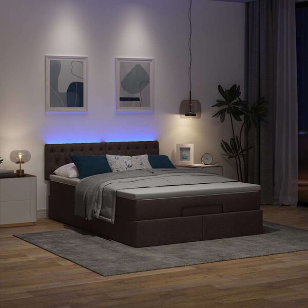 vidaXL Cama otomana con colch&oacute;n LED marr&oacute;n oscuro 140x190 cm tela