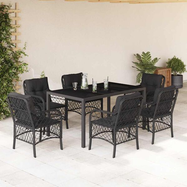 vidaXL Set de comedor de jard&iacute;n 7 pzas y cojines rat&aacute;n sint&eacute;tico negro