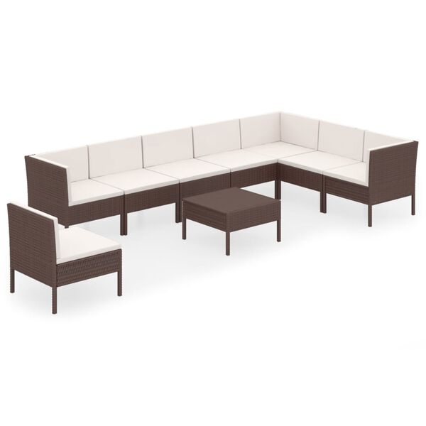 vidaXL Set muebles de jard&iacute;n 9 pzas y cojines rat&aacute;n sint&eacute;tico marr&oacute;n
