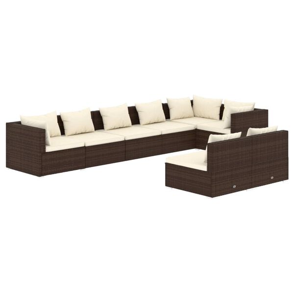 vidaXL Set muebles de jard&iacute;n 8 piezas y cojines rat&aacute;n sint&eacute;tico marr&oacute;n