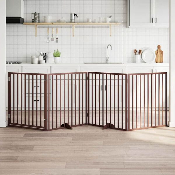vidaXL Puerta para perros con puerta plegable de 4 paneles marr&oacute;n 320 cm madera de &aacute;lamo