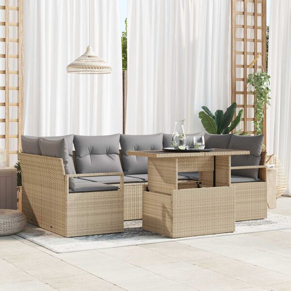 vidaXL Conjunto de sof&aacute; de jard&iacute;n 7 pcs Beige Polirat&aacute;n