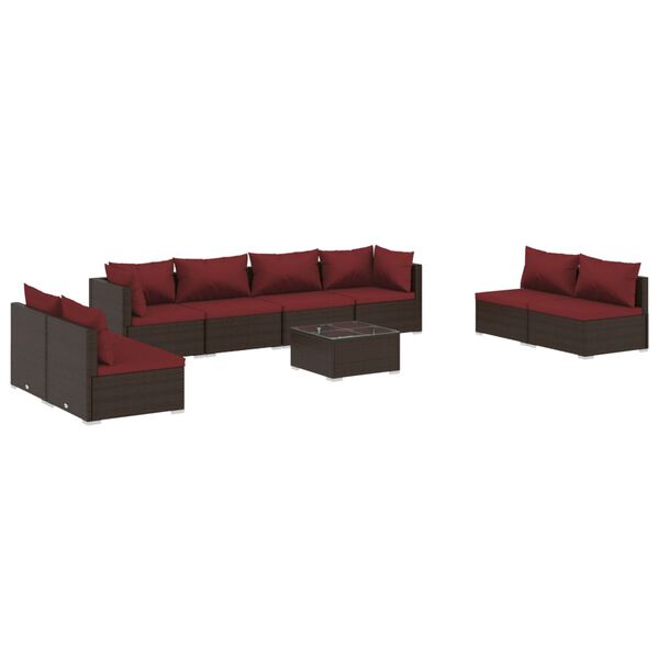 vidaXL Set muebles de jard&iacute;n 9 piezas y cojines rat&aacute;n sint&eacute;tico marr&oacute;n