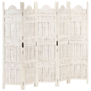 vidaXL Biombo 5 paneles tallado a mano madera mango blanco 200x165 cm