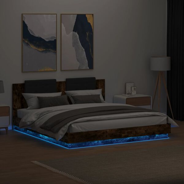 vidaXL Estructura de cama cabecero luces LED roble ahumado 160x200 cm