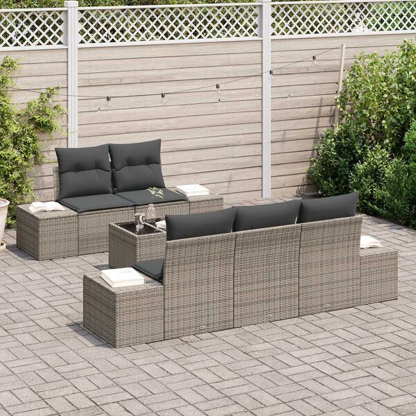 vidaXL Conjunto de sof&aacute; de jard&iacute;n con coj&iacute;n 6 pcs Gris rat&aacute;n sint&eacute;tico