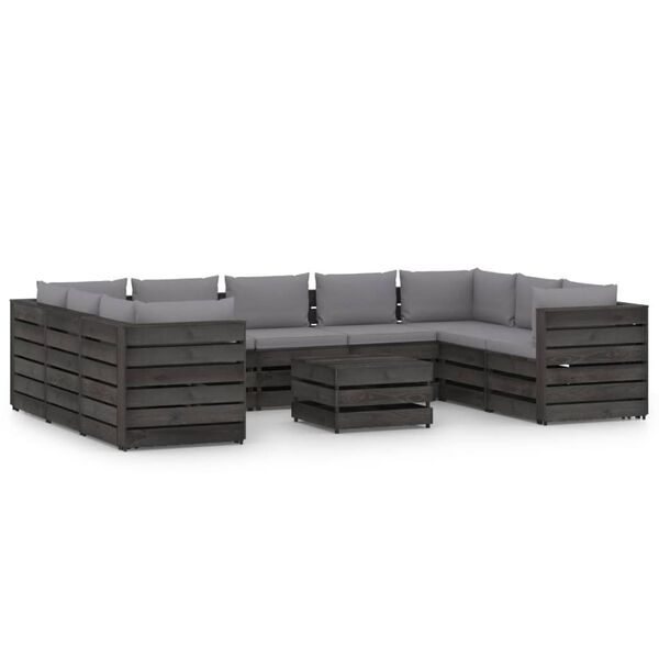 vidaXL Muebles de jard&iacute;n 10 piezas con cojines madera impregnada gris