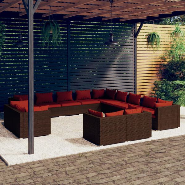 vidaXL Set muebles de jard&iacute;n 13 piezas cojines rat&aacute;n sint&eacute;tico marr&oacute;n