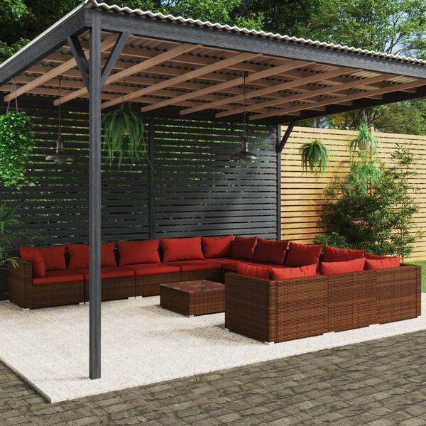 vidaXL Set muebles de jardín 12 pzas y cojines ratán sintético marrón