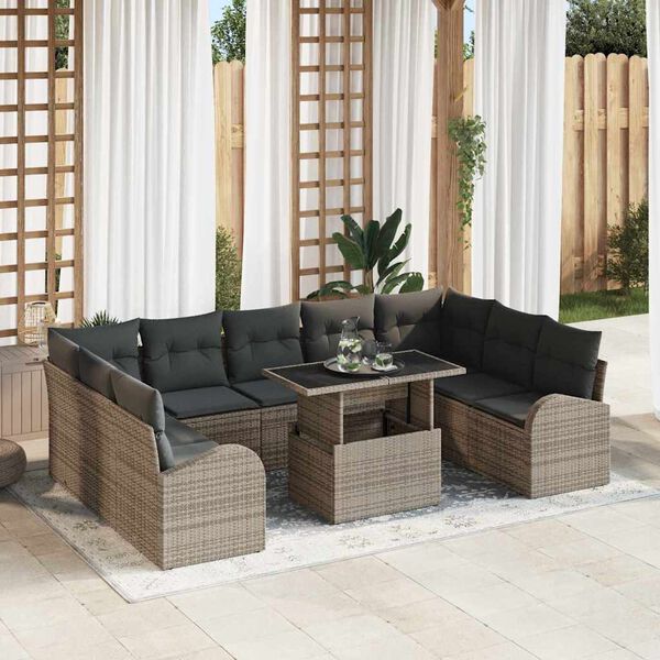 vidaXL Conjunto de sof&aacute; de jard&iacute;n con coj&iacute;n 10 pcs Gris Polirat&aacute;n