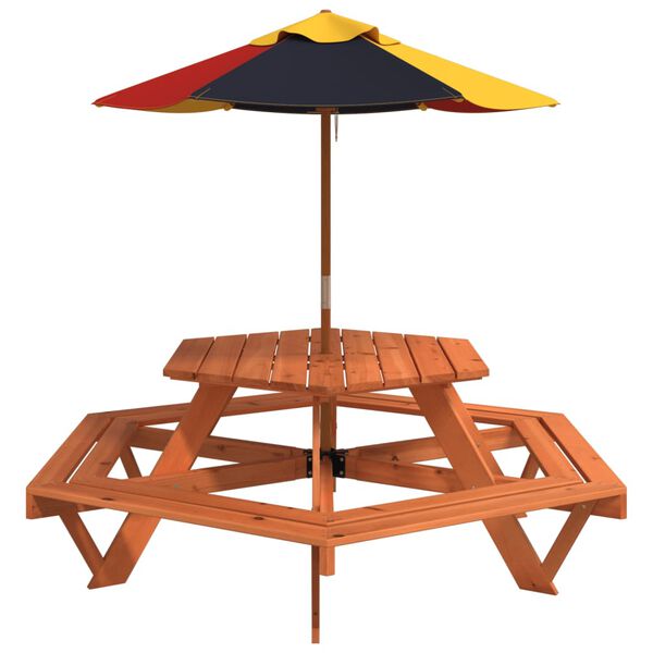 vidaXL Mesa de picnic hexagonal 6 ni&ntilde;os agujero sombrilla madera abeto
